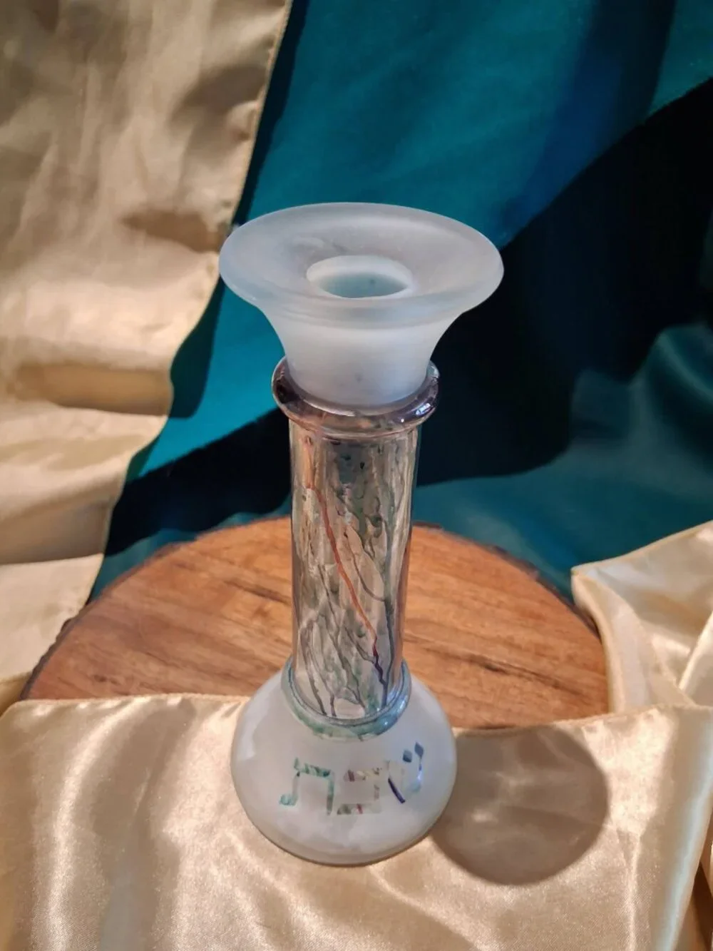 Vintage 1980s Rueven Art Glass Shabbat Candlestick Hebrew Lettering Judaica